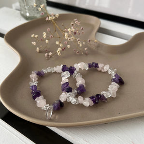 Goldenes Dreieck, Amethyst, Bergkristall & Rosenquarz - Armband