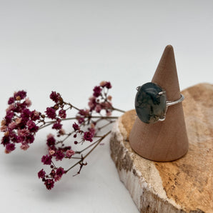 Moosachat Ring (925 Silber, verstellbar) – Erdung, Neubeginn & Herzverbindung