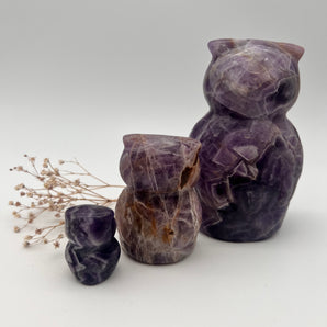 Eulenfamilie aus Amethyst – Weisheit & Schutz in violetter Harmonie